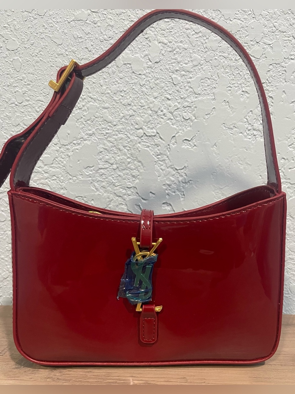 Red Patent Shoulder Bag with Gold Like Accent
